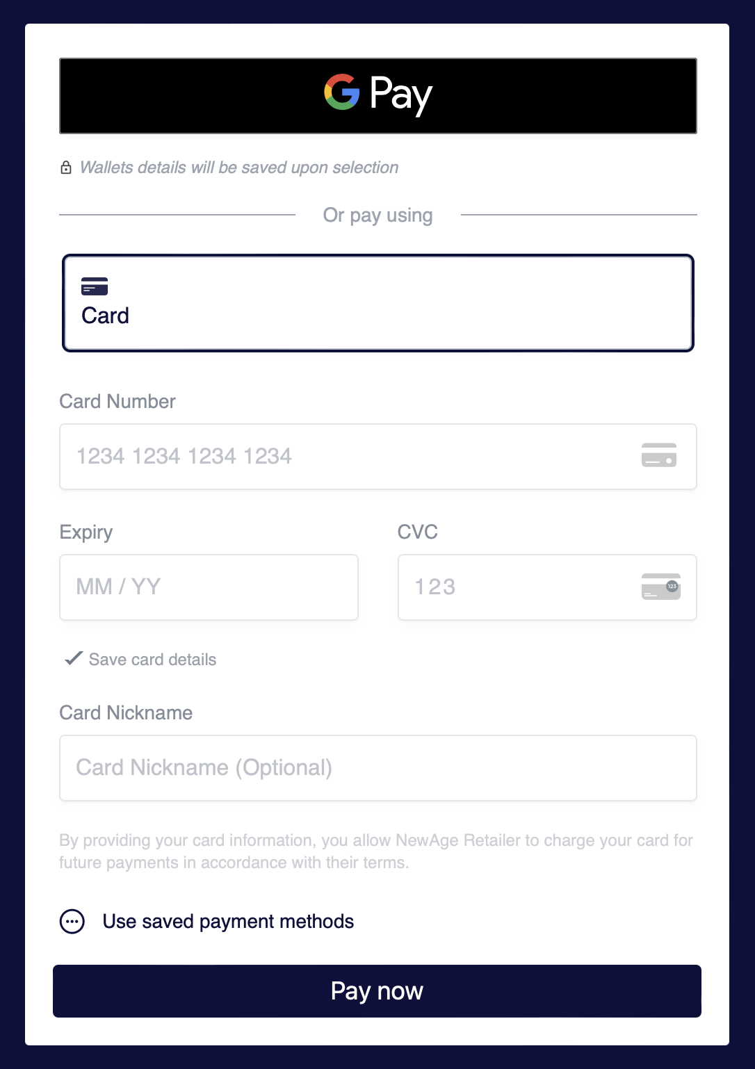 Visible card nickname field when card is requested to be saved
